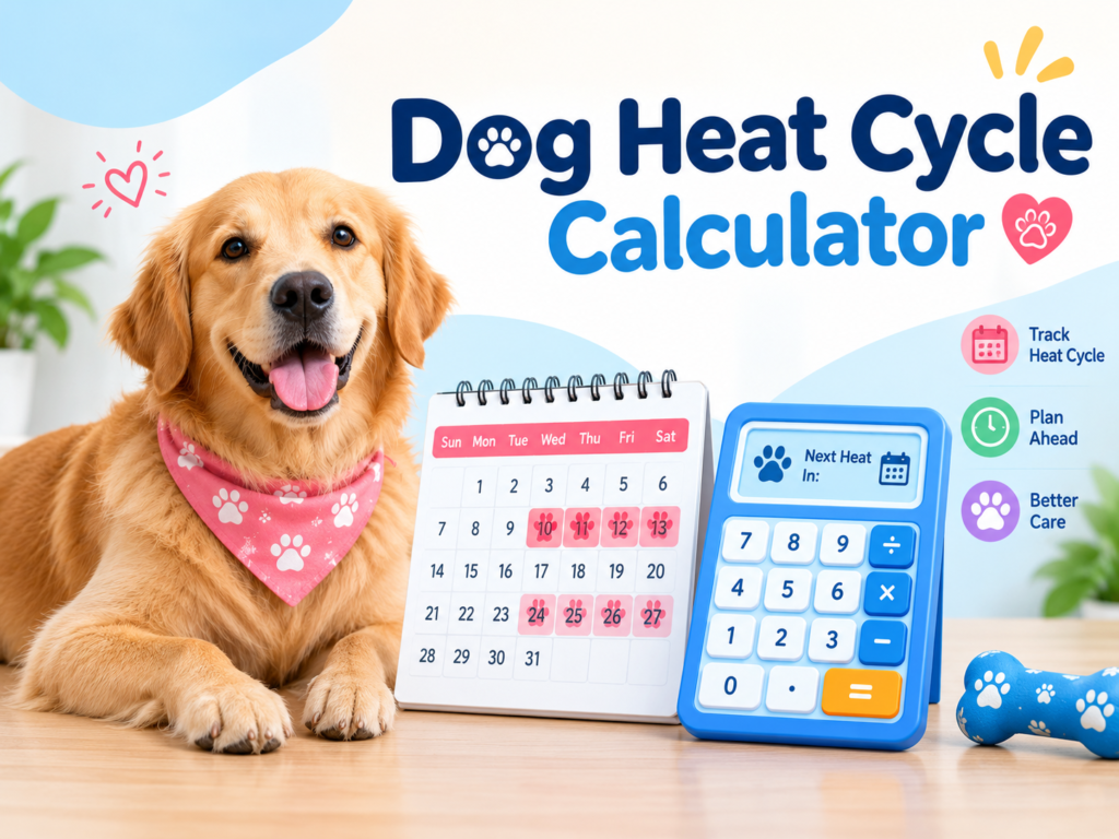 Free dog heat cycle calculator. Enter her last heat date to predict the next heat, fertile window and a stage-by-stage timeline.